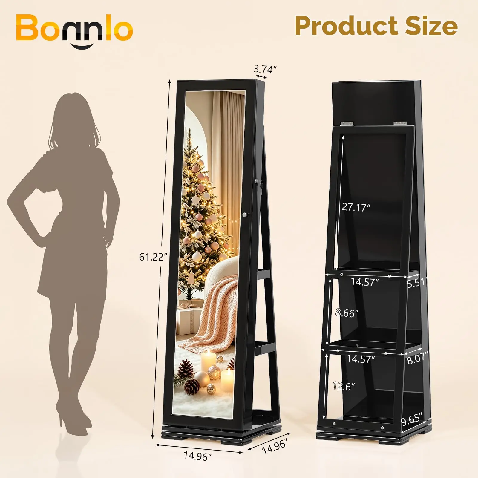 360° Swivel Jewelry Mirror Cabinet with Full-Length Mirror and Interior Makeup Mirror, Lockable Standing Jewelry