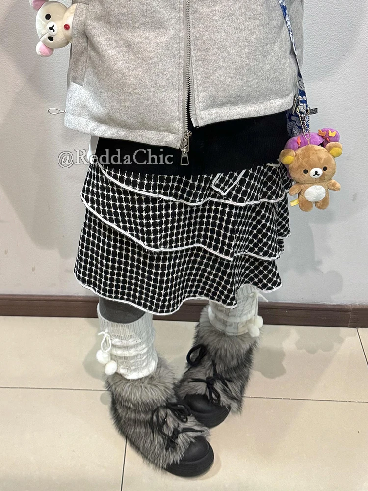 ReddaChic Teen School Contrast Plaid Skirt Bowknot Elastic Waist Layered Ruffle Knee Long Skirt Retro Korean Women Everyday Wear