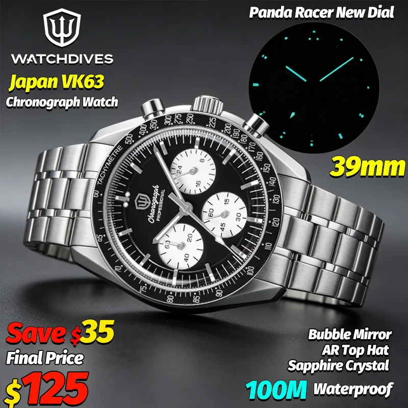 Watchdives WD1863 Quartz Watch 39Mm New Panda VK63 Multifunctional