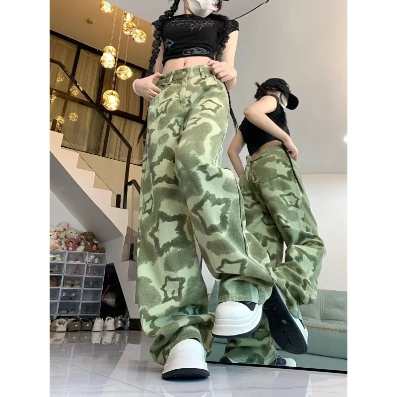 American Retro Green Camouflage Star Pants Autumn Straight High Street Jeans