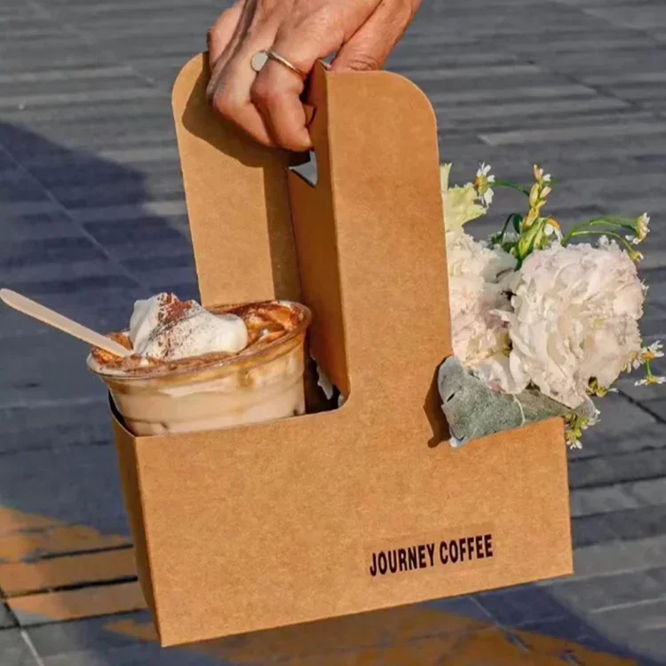 Handheld Flower Arrangement Gift Box White Delivery Kraft Paper Cup Holder Beverages Coffee Milk Tea Packaging Cup Holder Bag