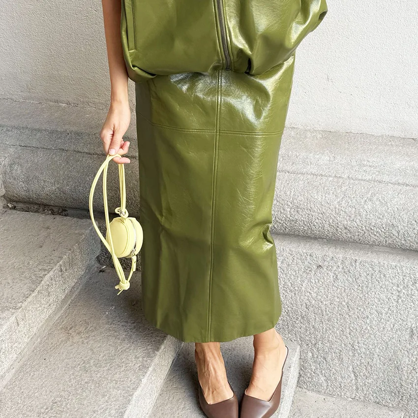PU Leather Midi Skirt Women's Fashion High Waist Slit Pencil Skirts Elegant Evening Dress