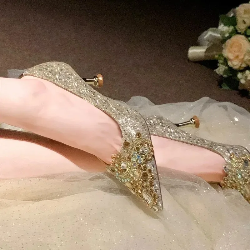 Rhinestone Sequin Heels Women's Pointed Toe Shallow Mouth Non-Tired Feet Single Shoes
