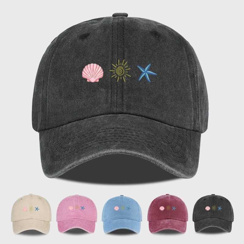 Washed Baseball Cap with Shell Sun Starfish Print, Adjustable Curved Brim Hat for Women, Retro Beach Vibe Casual Wear