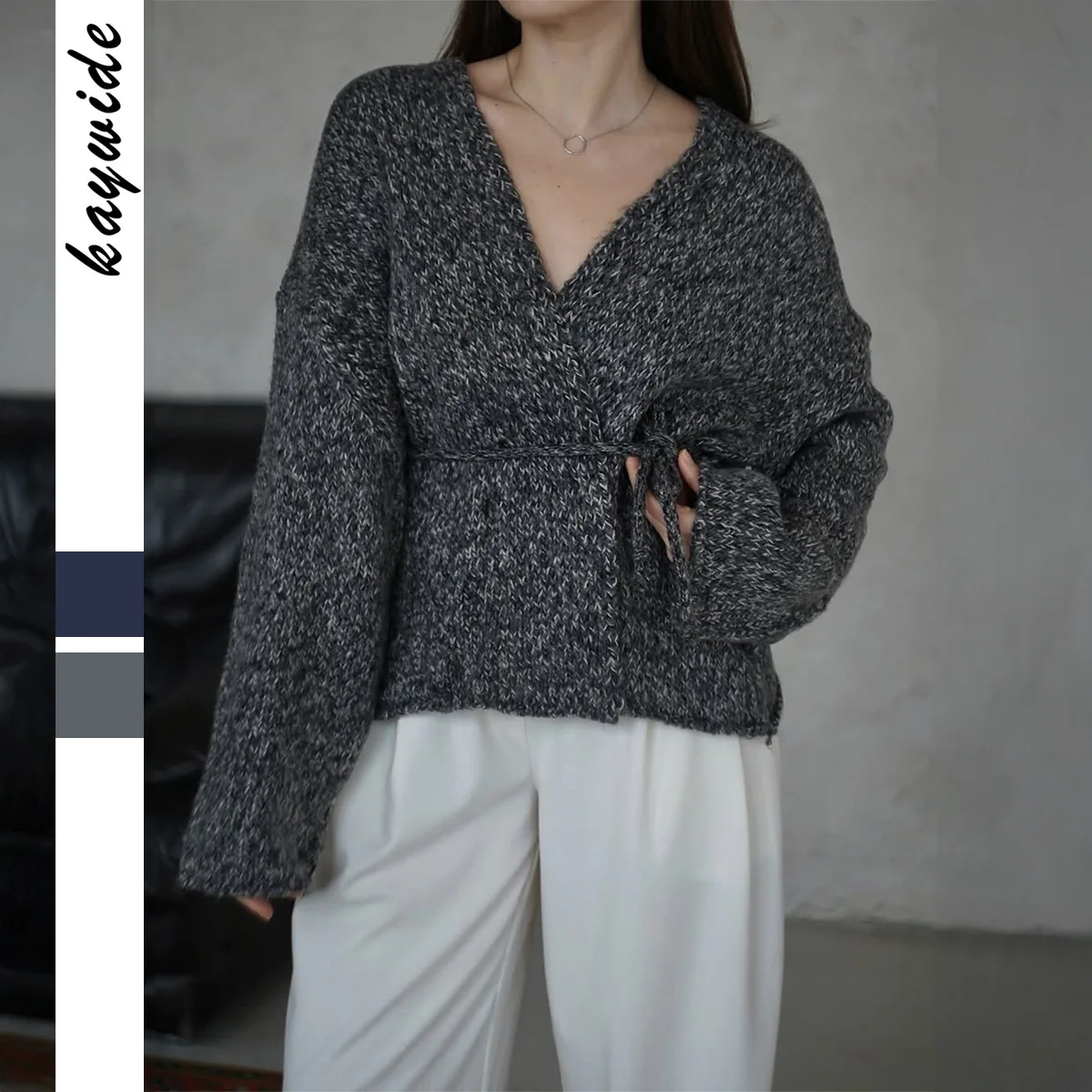 

KIDCRKJ Casual Women Spirng Elegant Coat V-Neck Pullover Full Sleeve Female Knit Outwear Instagram-Style Versatile Lady Jacket