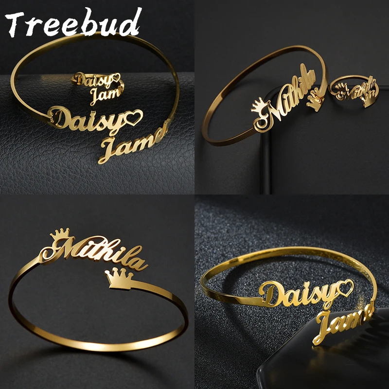 Treebud Custom Name Bangle Ring Jewelry Set Stainless Steel For Women Personalized Nameplate Heart Cown Bracelet Jewelry Gifts