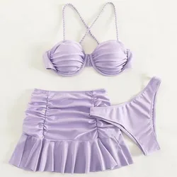 2024 3 Pieces Set Swimsuit Women Thong Swimwear Sexy Bikini Set With Sarong Ruffle Skirt Beachwear Bathing Suit Purple Cover Ups