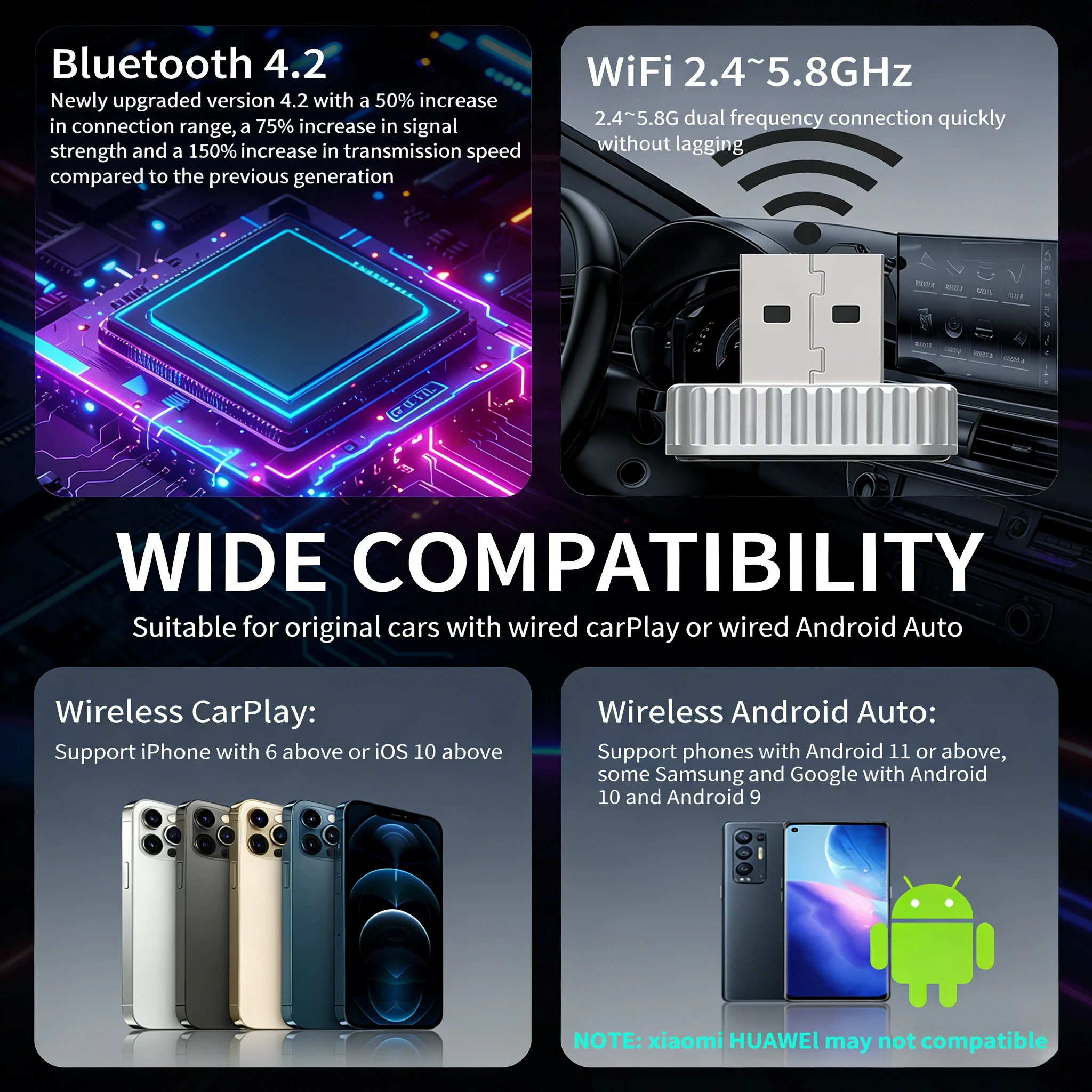 Universal Wired to Wireless CarPlay Android Auto Adapter, USB Plug-and-Play, Stable Signal, Auto Pair, Work for Most Original