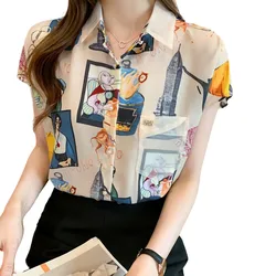 3XL Women Summer Spring Blouses Shirts Lady Fashion Casual Short Sleeve Turn-down Collar Flower Printing Blusas Tops G2541