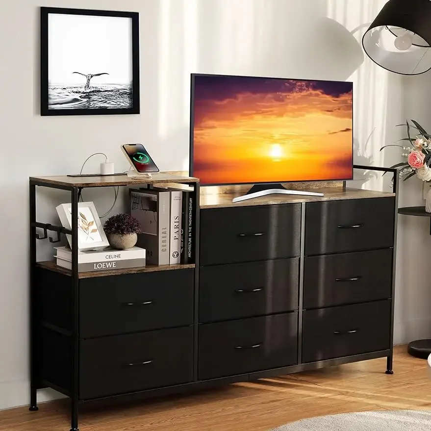 

TV Stand with Charging Station 52" Long Entertainment Center with 8 Drawers and Wooden Tabletop Dresser,Vintage & Black