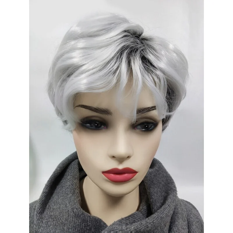 Short Straight for Woman Grey Wig Pixie Cut Hairstyle Synthetic Heat Safe Hair