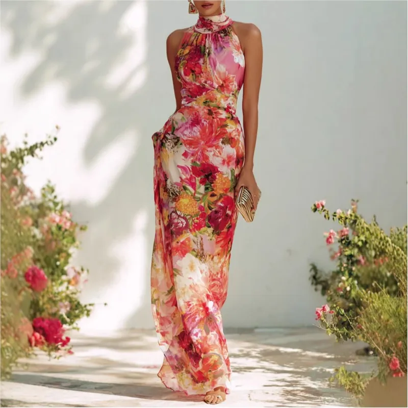 

Fashion Floral Print Slim Long Dress Woman Elegant Halter Off Shoulder Dresses Summer Sleeveless Bodycon Holiday Party Dress