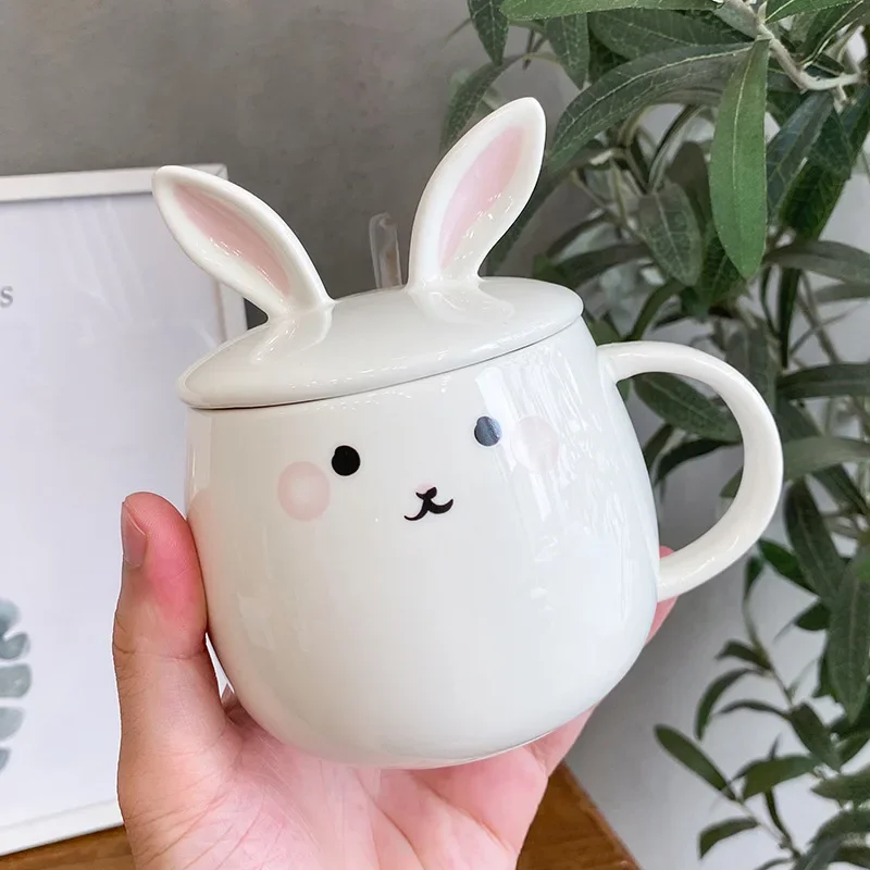 Cartoon Rabbit with Lid Spoon Ceramic Cup Coffee Breakfast  Mug Cute Student Couple    Household Kitchen Supplies