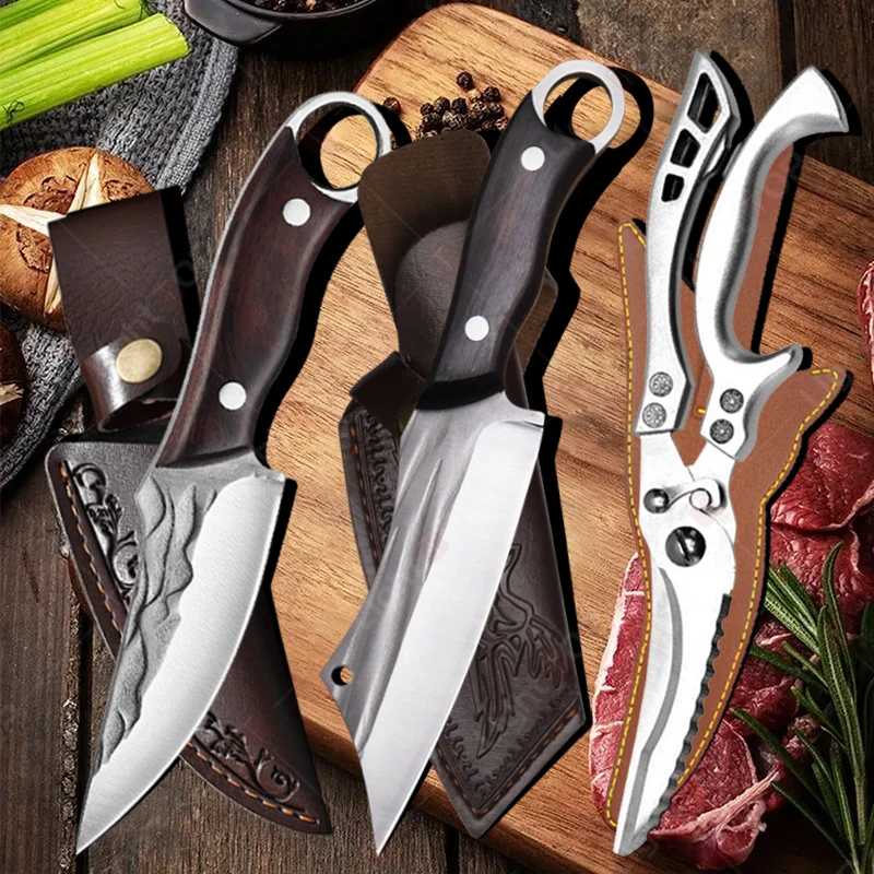 

Forged Kitchen Knives Multi-purpose Cooking Chef's Knife Sharp Stainless Steel Meat Cleaver Fruit Paring Knife BBQ Tool Scissors