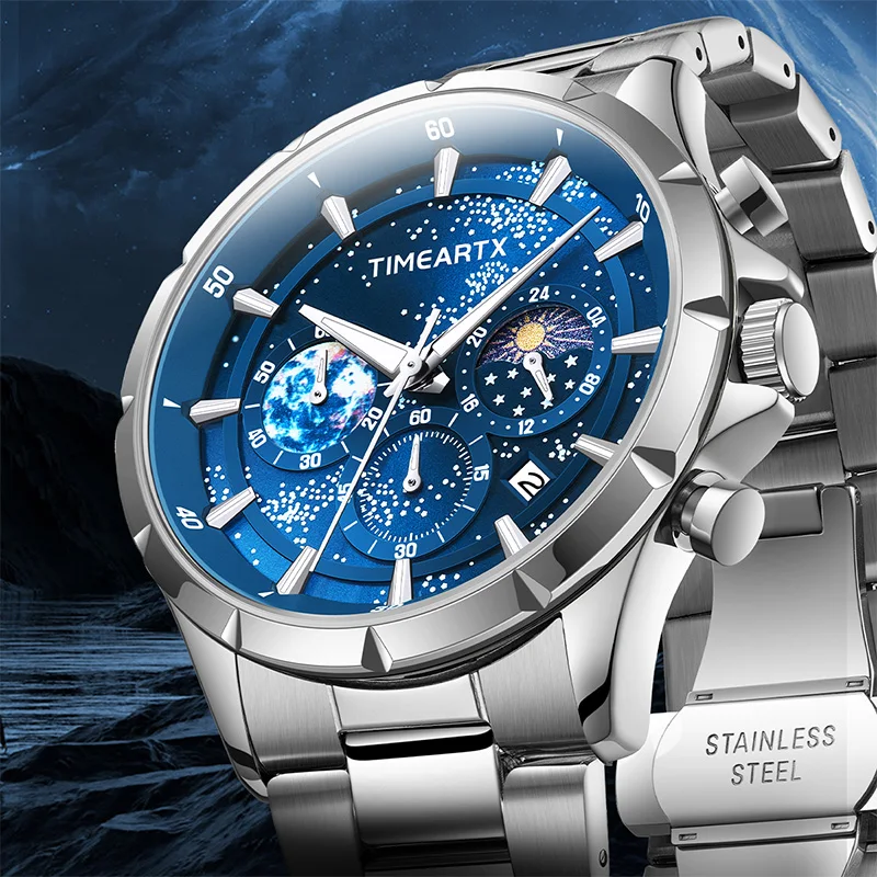 TIMEARTX Men's Quartz Chronograph Round Starry Sky Luminous Dial Stainless Steel Band Business Fashion Waterproof Wristwatch