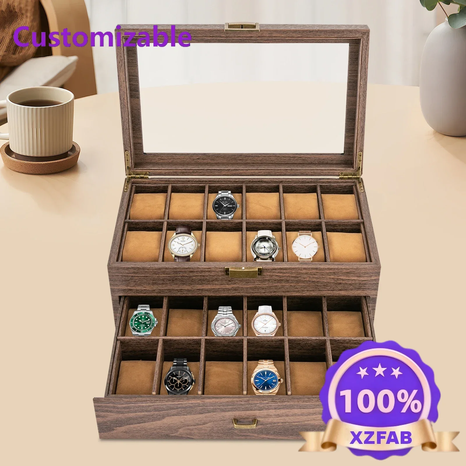 Factory Direct 2026 Nordic Watch Box Case Storage 24 Slots 2 Layers PU Men Women Jewelry Holder Display Case W/ Drawer