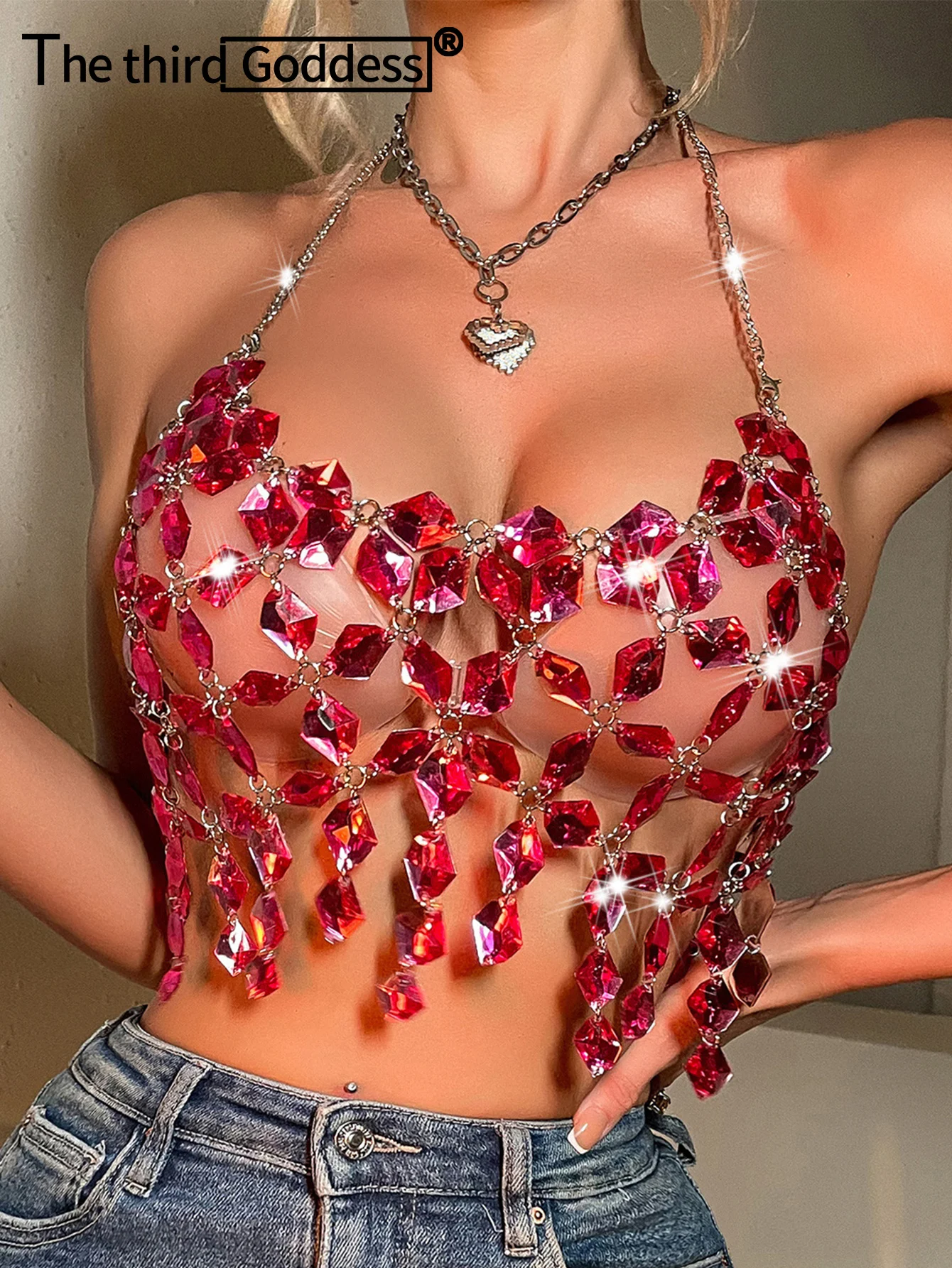Seksowny top typu halter z metalowymi dżetami, gorsetowy crop top damski, letni top na imprezę klubową, krótkie topy damskie 2026, tank top, ubrania y2k, stroje rave.