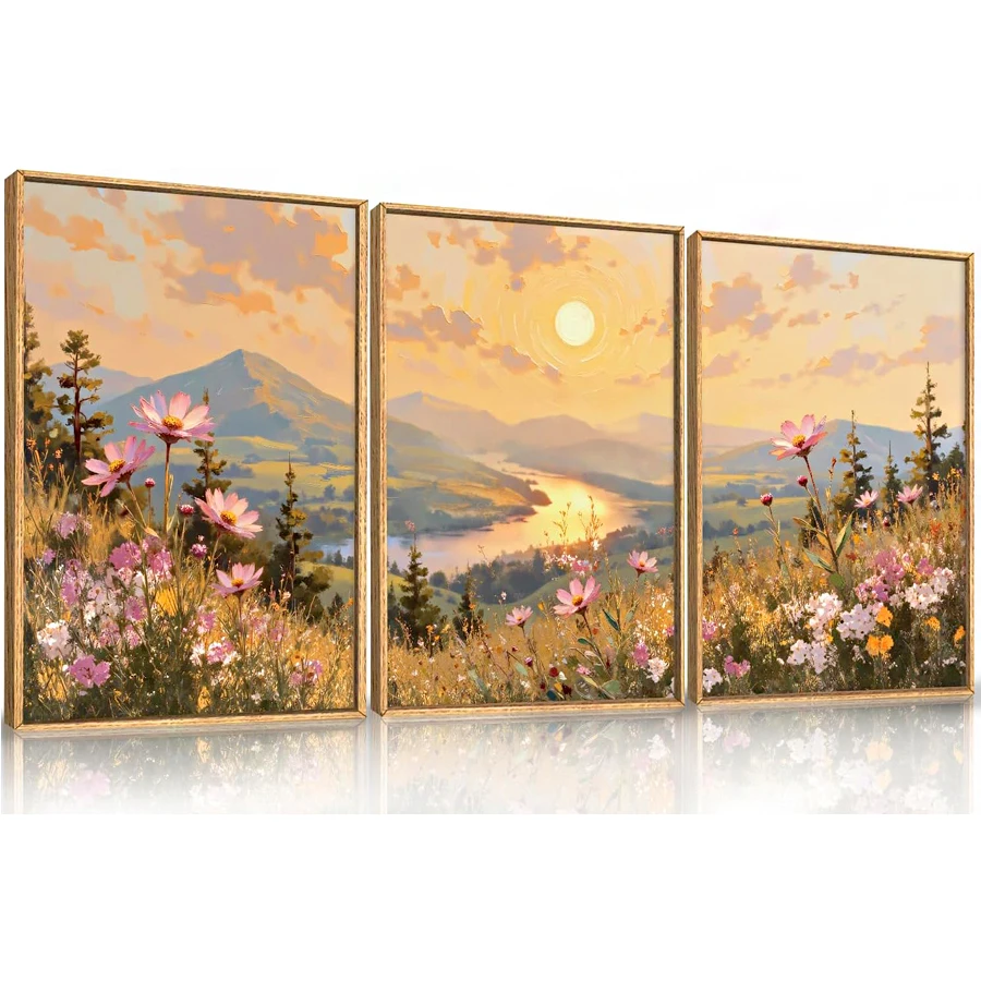 

Large Boho Sunset Wildflower diamond painting kits river mountains Scenery full diamond embroidery mosaic triptych home decor