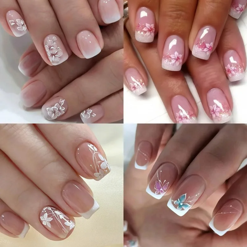 

Набор из 96 розовых французских накладных ногтей с цветочным дизайном, короткие миндалевидные искусственные ногти, элегантный праздничный набор для маникюра