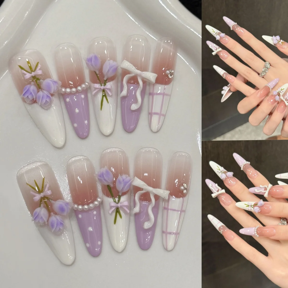 

10pcs Romantic Purple Tulip Flower Fake Nails Handmade Gentle Long Almond French Style Press On Nails Ballet Wearable False Nail