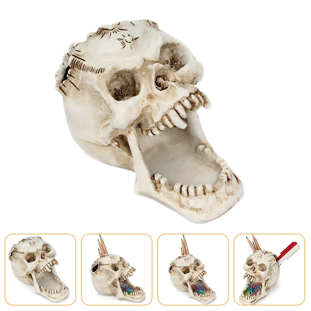 

Skull Pen Holder Decorative Resin Desktop Organizer Halloween Makeup Brush Pencil Storage Container Stationery Holder