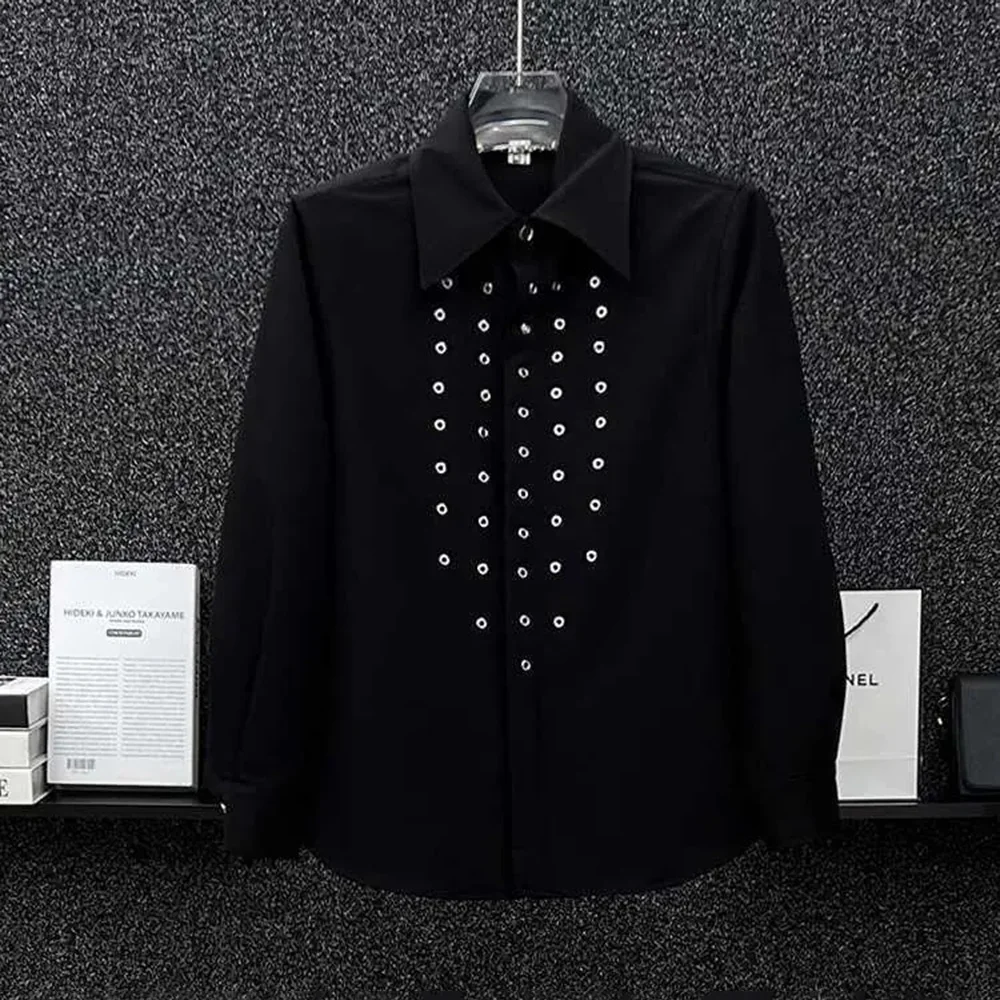 Mens Shirt Metal Round Hole Design Casual Shirt Autumn Fashion Streetwear Personality All-Match Long-Sleeve Top Men'S Clothing