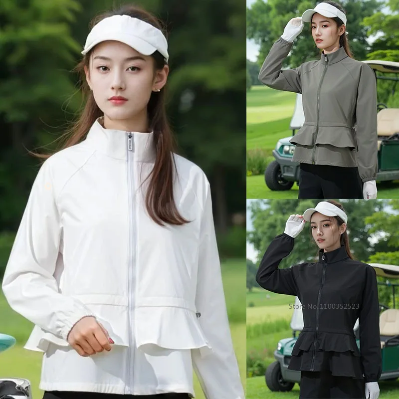 Women New Golf Jacket Fall/winter Turtleneck Waterproof Coats Ladies Long Sleeve Windproof Trench Coat Ruffle Pleated Outerwear