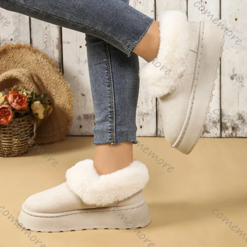 Comfort Thick Sole Non Slip Ankle Boots Women Faux Fur Thicken Plush Cotton Padded Shoes Size 36 44 Warm Platform Snow Boots