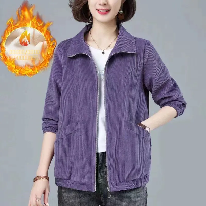 

Thickened Fleece Lined Corduroy Jacket Women's Loose Casual Mom's Jacket Large Size Outerwear Autumn Winter Long Sleeve