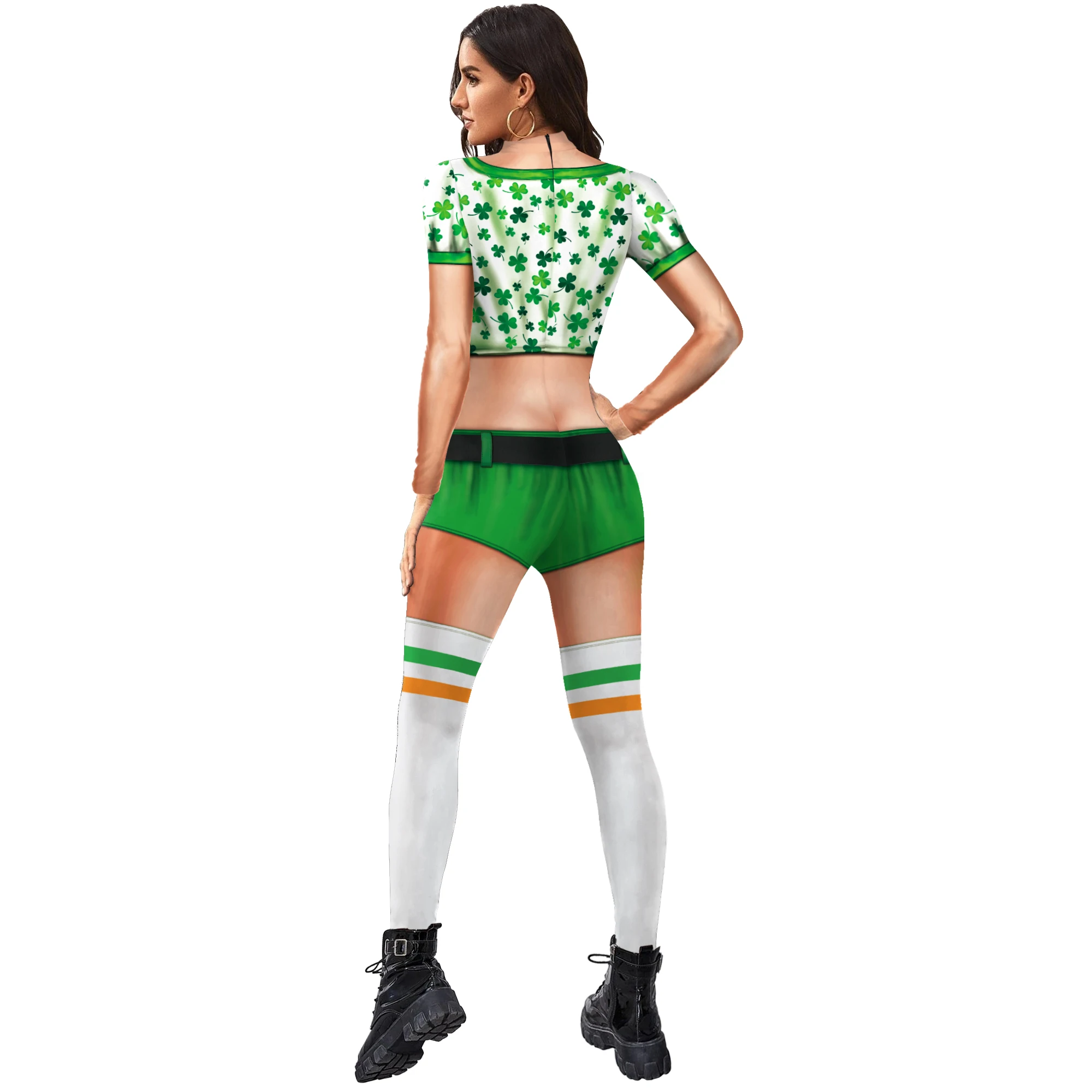 Clover Pattern Jumpsuit St. Patrick's Day Long Sleeved Bodysuit Cheerleading Team Cosplay Costume Festival Zentai Women Outfit