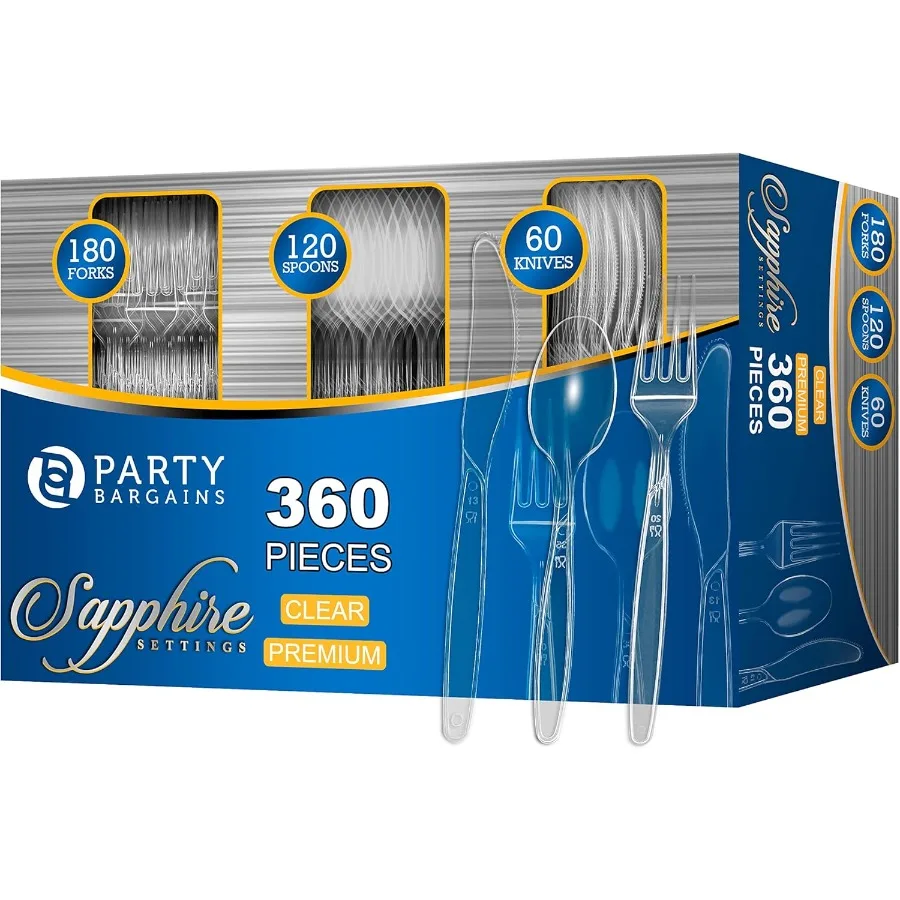 

Disposable Cutlery Set with SAPPHIRE Design in Clear Color for Outdoor Events Picnics and Catering Services 360 Pieces Includin