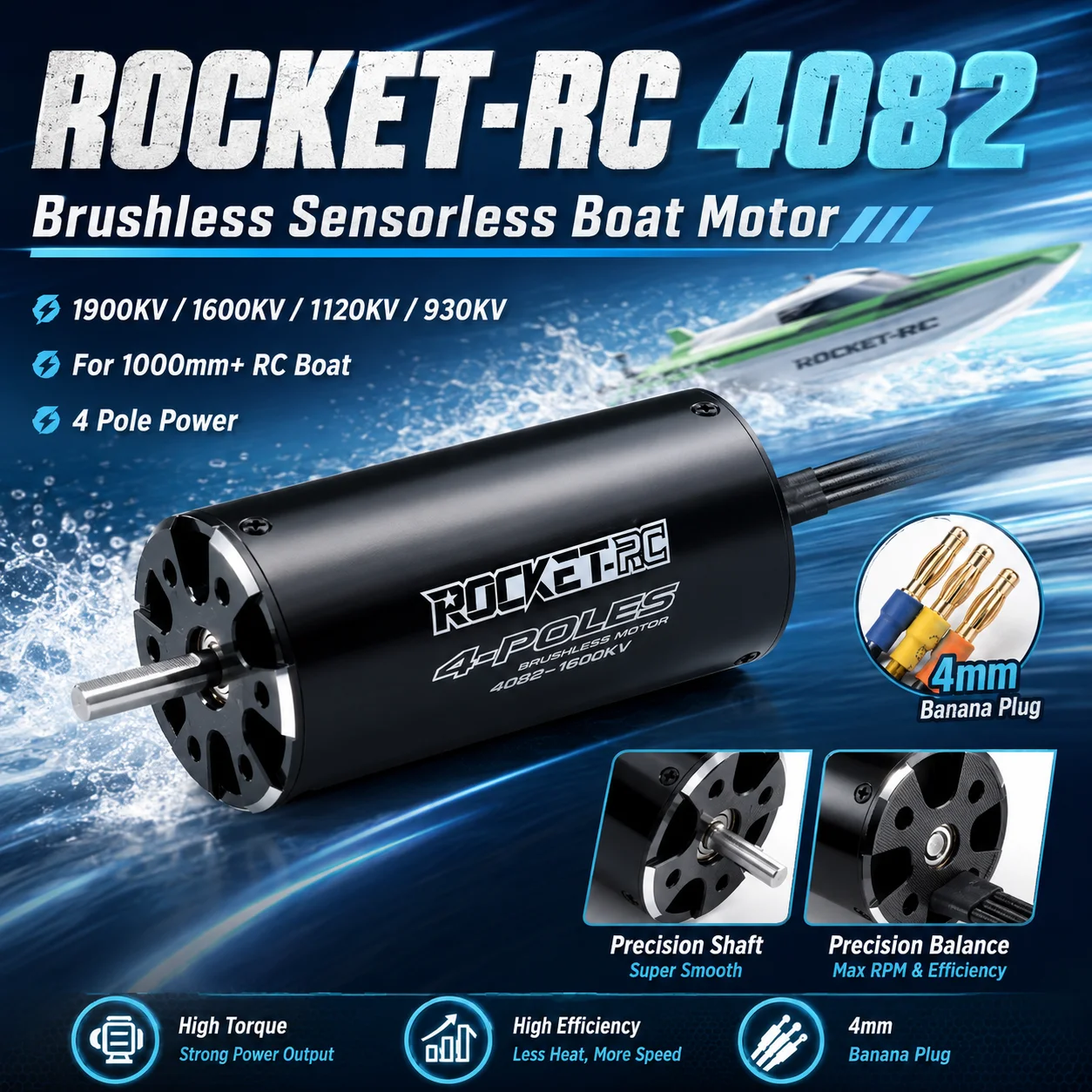 ROCKET-RC 4082 Brushless Sensorless Motor 1900KV 1600KV 1120KV 930KV for 1000mm (or Above) RC Boat Ship Upgrade Part Accessories