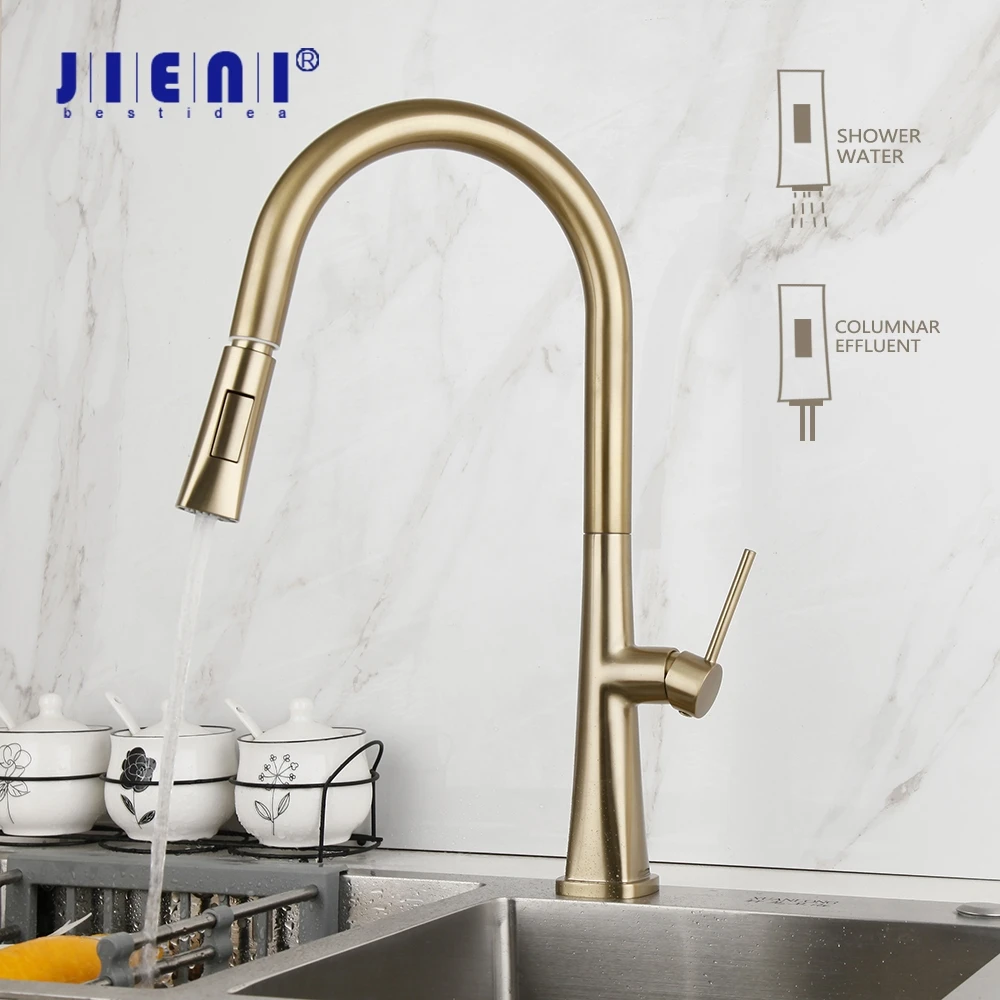 

JIENI Brushed Gold Kitchen Faucet Swivel & Pull Out Rotated Kitchen Sink Mixer Tap Deck Mounted 2 Modes Spray Solid Brass Faucet