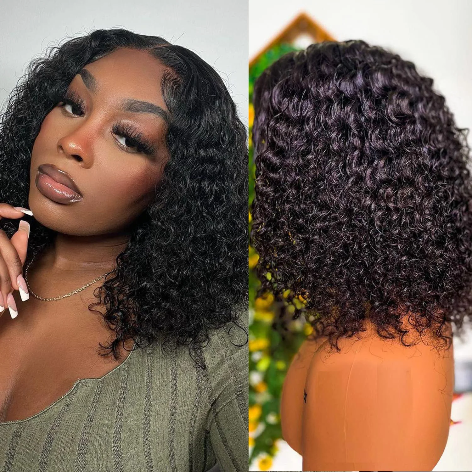 Natural Black Curly Short Bob Human Hair Wig  HD 13X4 Lace Frontal Human Hair Wigs Deep Water Wave 13X6 Lace Front Wig For Women