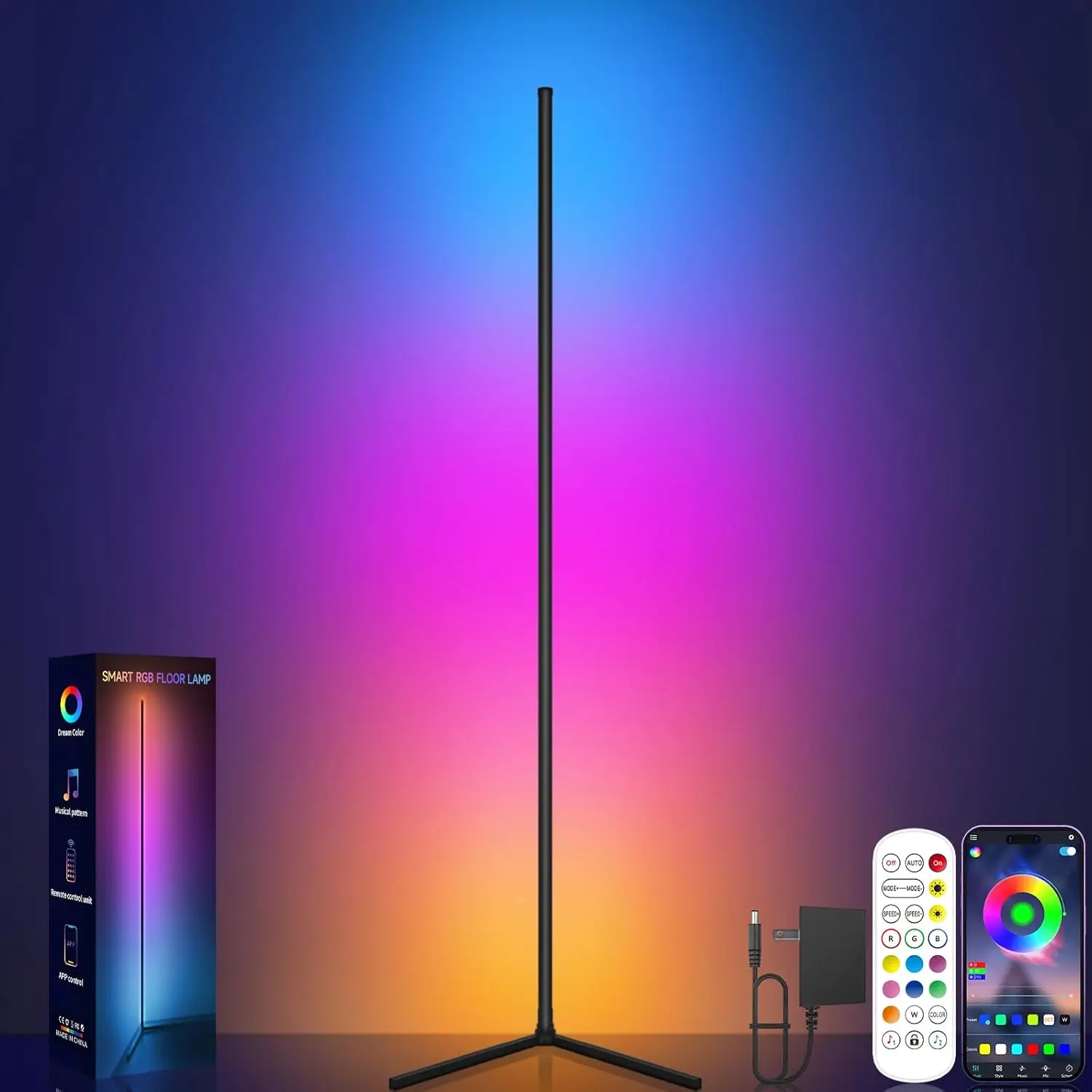

Умный RGB LED угловой напольный светильник с синхронизацией музыки, управлением через приложение и пультом ДУ, 16 миллионов цветов для спальни, гостиной, игровой комнаты