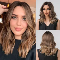 Henry Margu Ombre Kastanje Bruin Bob Synthetische Pruik Medium Lange Golvende Pruiken Voor Vrouwen Cosplay Party Natuurlijke Hittebestendige Haar pruik