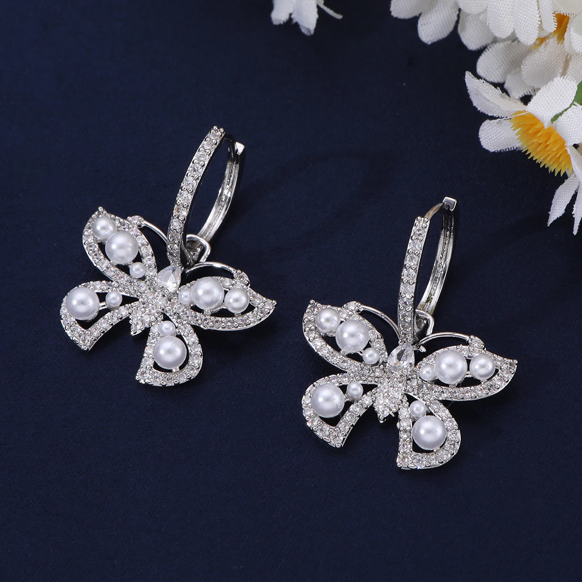 Pink CZ Butterfly Pearl Leverback Drop Earrings, Hollow Wing Pearl Accent Crystal Dangle Statement Earrings For Bridal