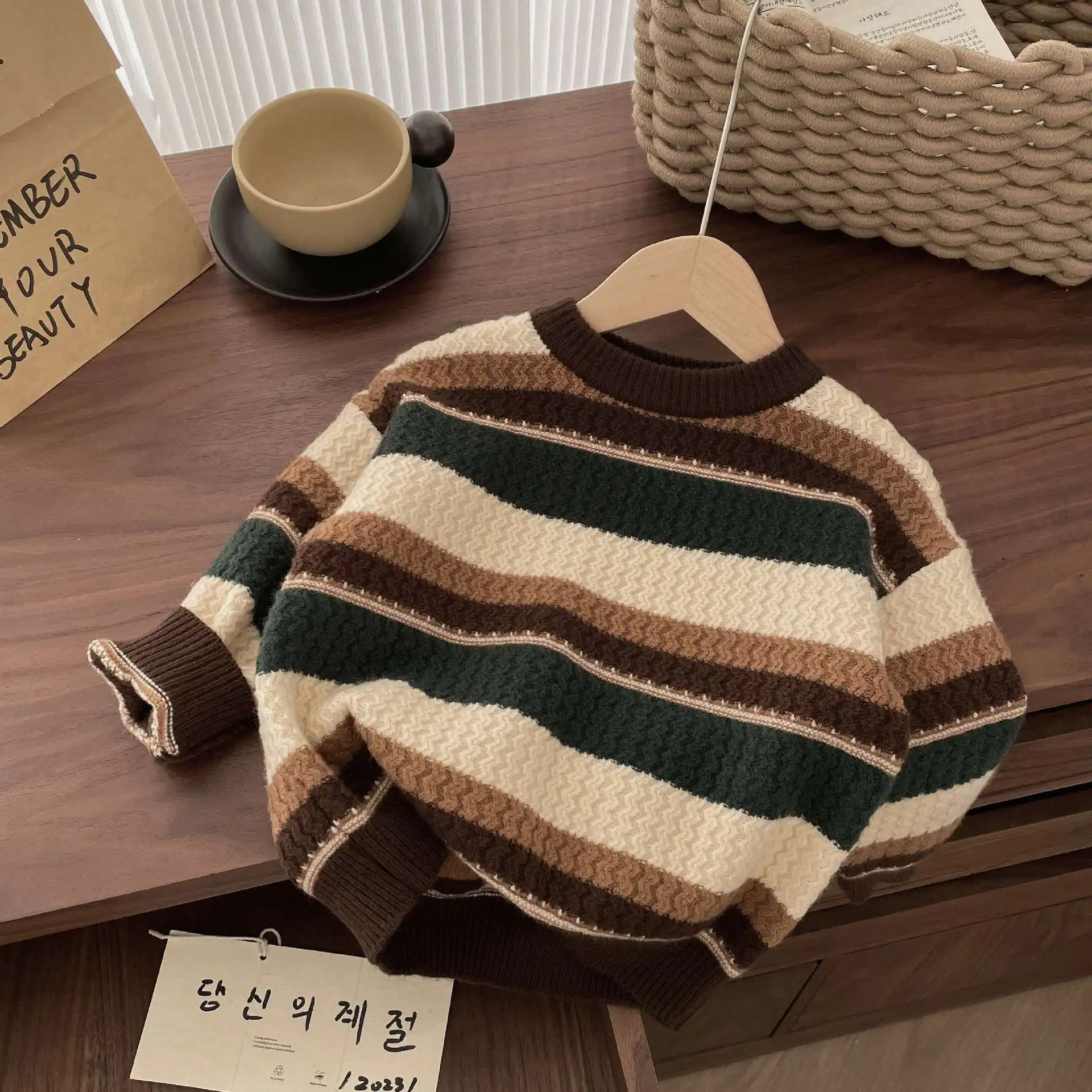 

Children Boys Striped Sweater Autumn New Contrast Infant Babys Boys Knitwear Thicken Warm Long Sleeve Toddler Kid Boys Pullovers