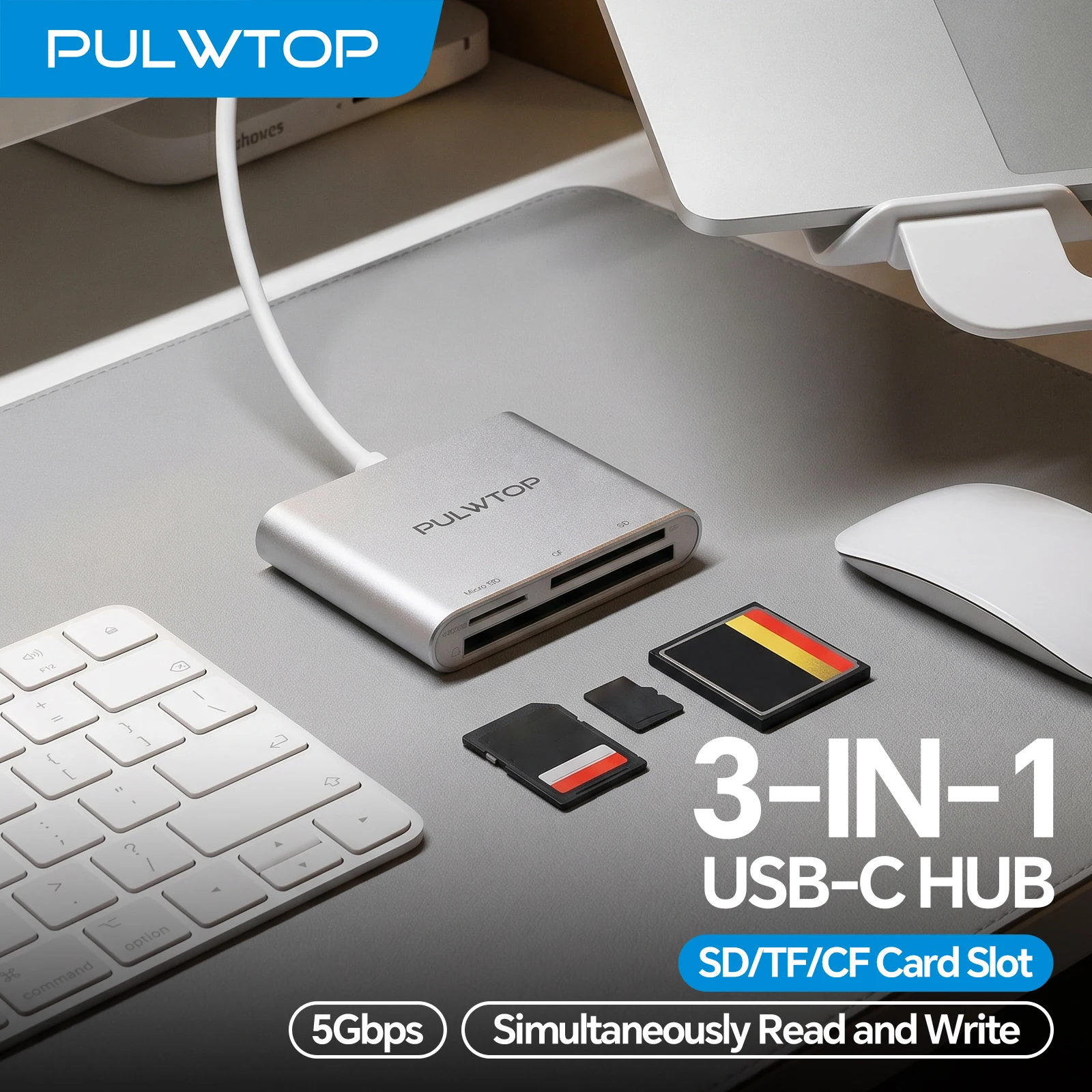 PULWTOP 3 in 1 USB-C to CF/SD/MicroSD Card Reader,  for iPhone 17, iPad, Mac, Multi-Slot Memory Reader Compatible