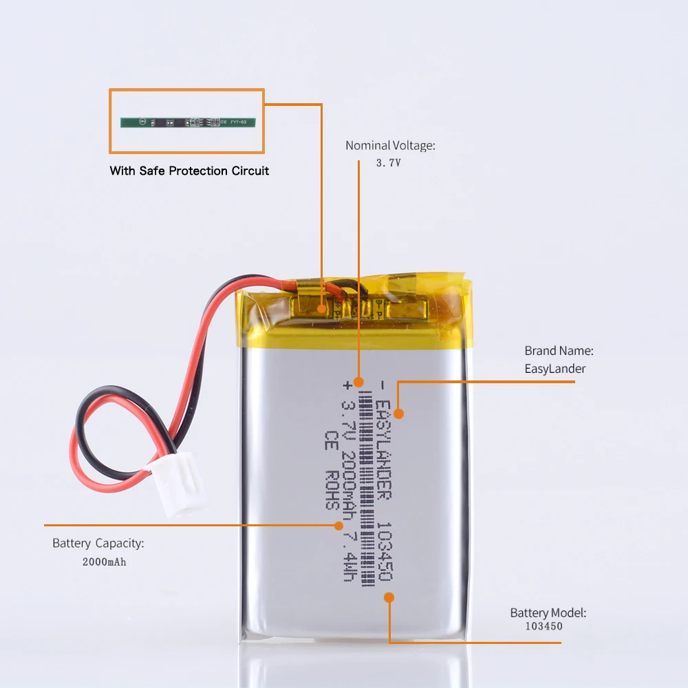 แบตเตอรี่ลิเธียมลิเธียมลิเธียมลิเมอร์ลิเมอร์ลิเมอร์ลิเธียมลิเธียมลิเมอร์ลิเธียมลิเธียมลิเธียมลิเธียมลิเธียมลิเธียม Li-ion ชาร์จได้ XHR-2P 2.54 3.7V 103450 2000mAh V V mAh ชาร์จไฟได้แบตเตอรี่ลิเธียมไอออน