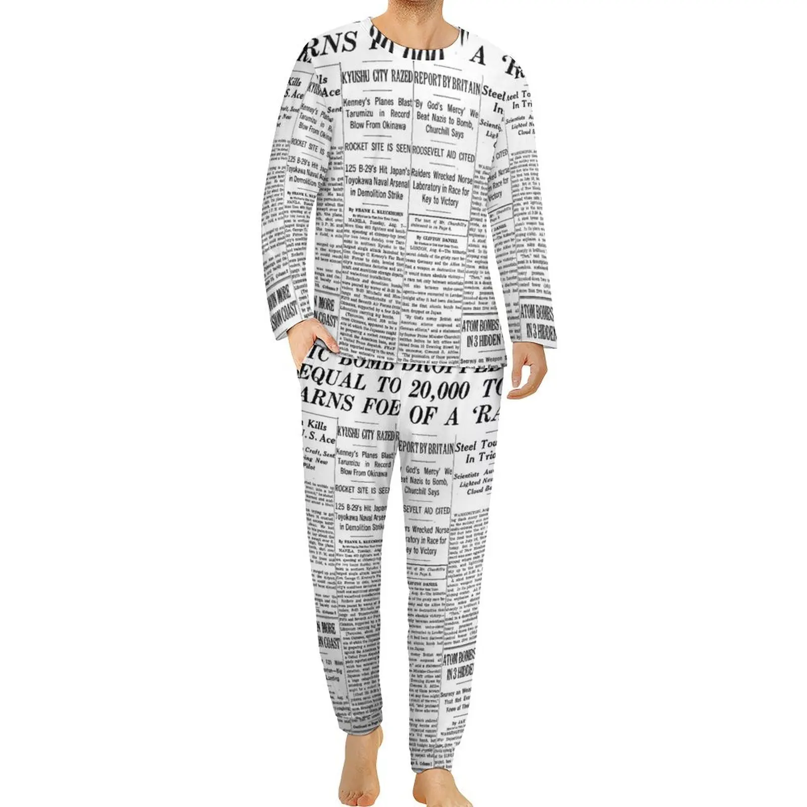 Cool Newspaper Pajamas Long Sleeve Letter Print 2 Pieces Aesthetic Pajamas Set Spring Male Graphic Warm Big Size Nightwear