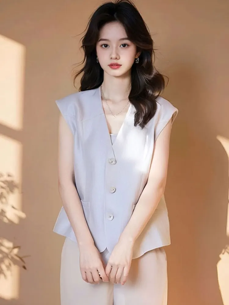 

Ele Chic Loose V-Ne Single Button Open Cardigan Vest Early Autumn Faion Layering Women's Top Korean Sle Straight Cut