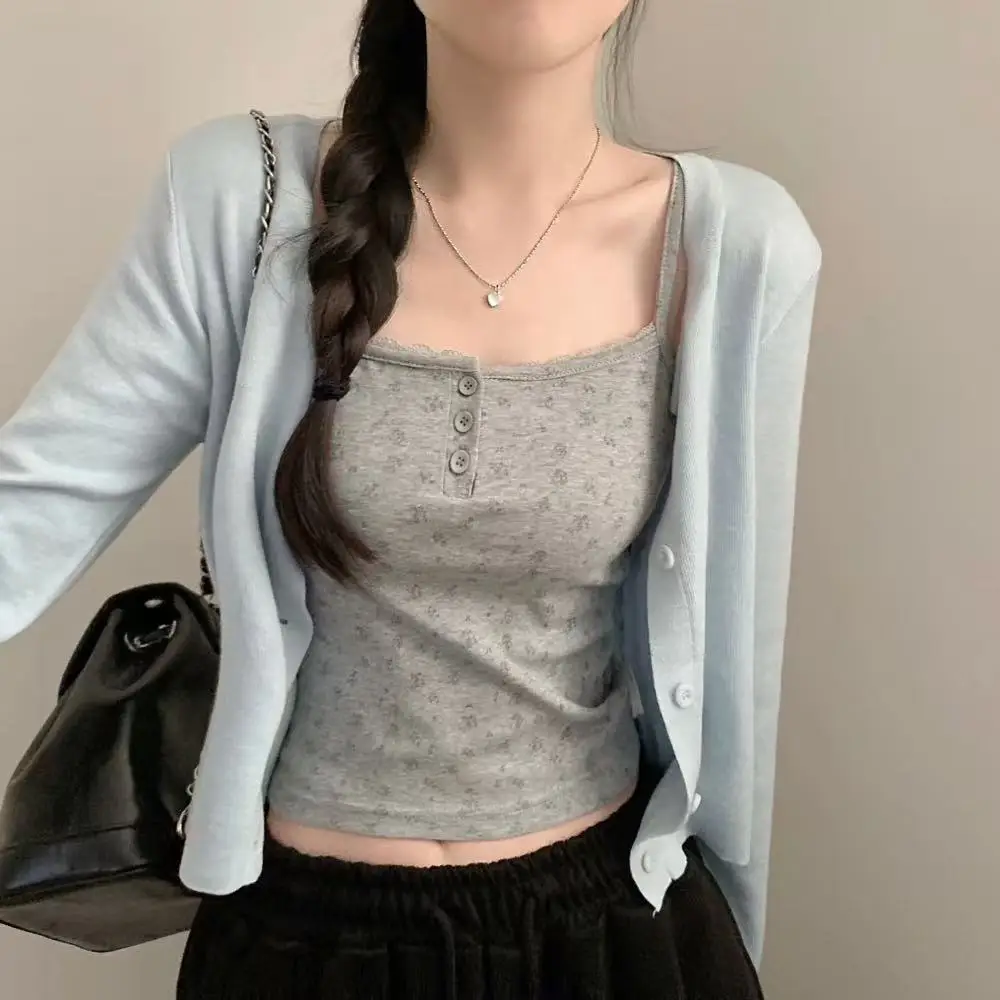 

Корейский шикарный кружевной жилет с цветочным принтом и ремешком, однотонный вязаный кардиган, топ, комплект Long Sve для взрослых, комплект Four Seasons Faion