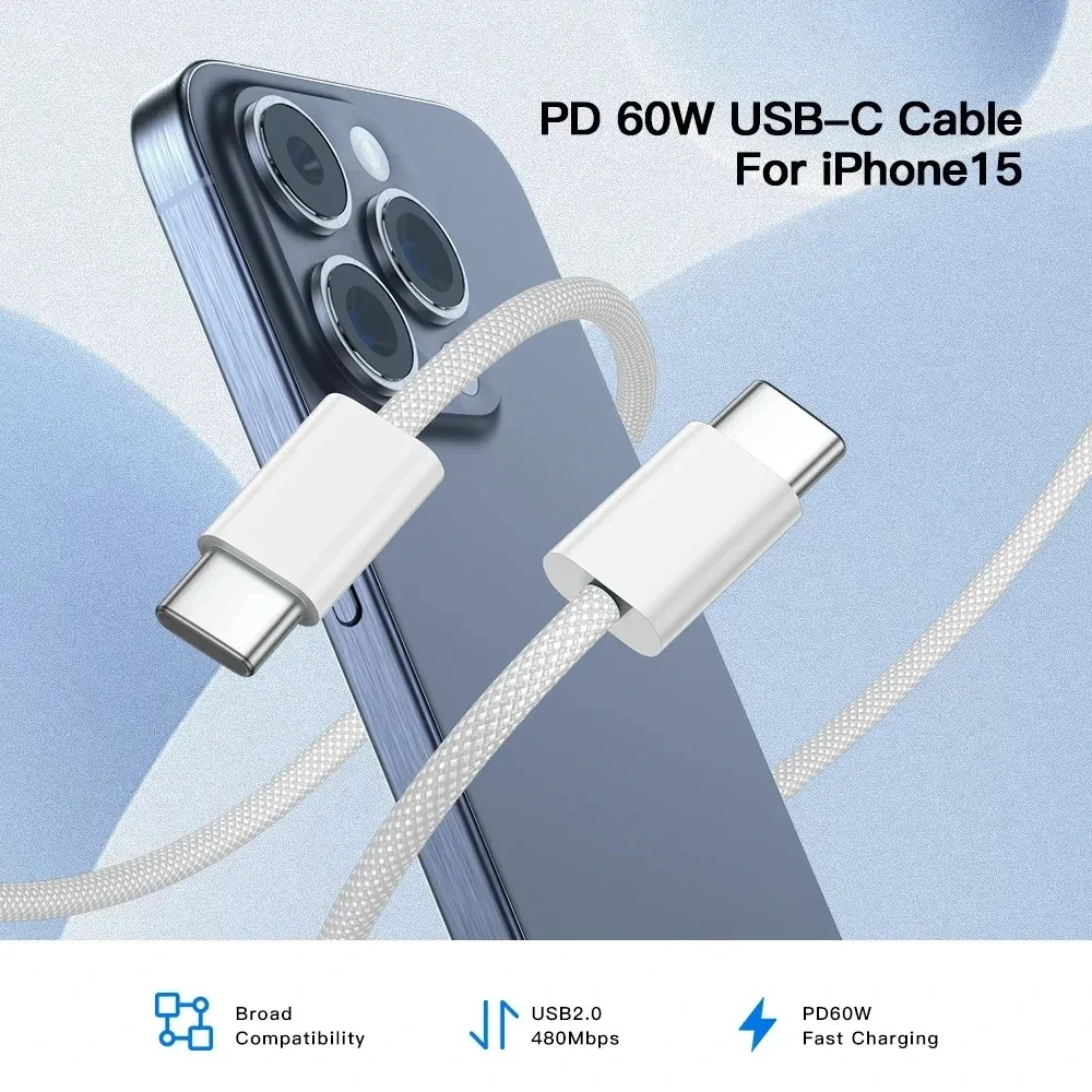 PD Fast Charger USB C To USB C Cable For  iPhone 15/16/17 Series iPad Xiaomi 60W Data Charger Type C Weaving Cable Accessories
