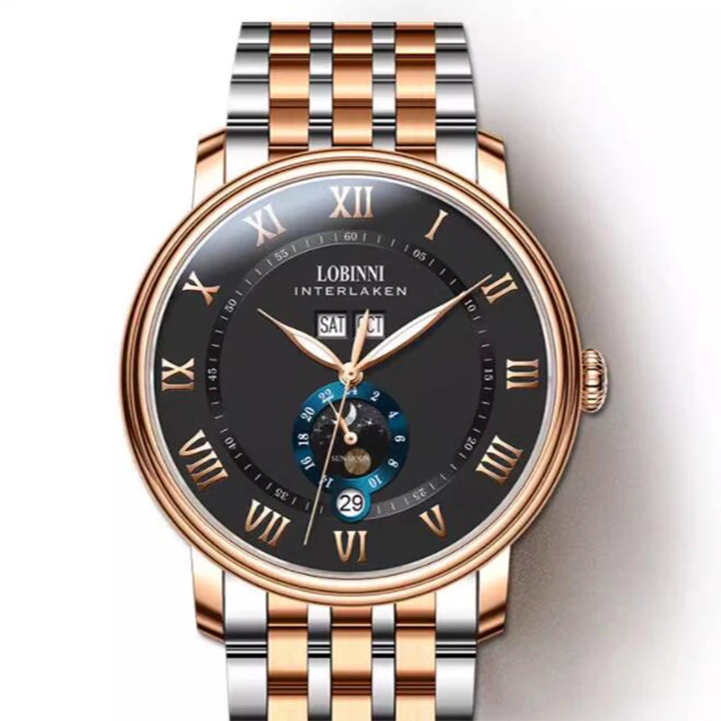 LOBINNI Orologi automatici da uomo 40mm Orologio da polso meccanico di lusso 50M Impermeabile Zaffiro Chiusura a farfalla Mese Settimana Data