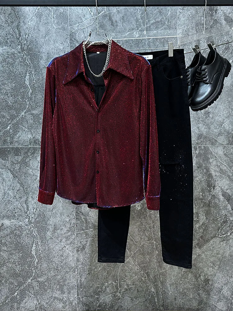 

Весенне-летняя тонкая рубашка с глянцевым дизайном и длинным рукавом для мужчин: модная, свободного кроя, молодежная, стильная.