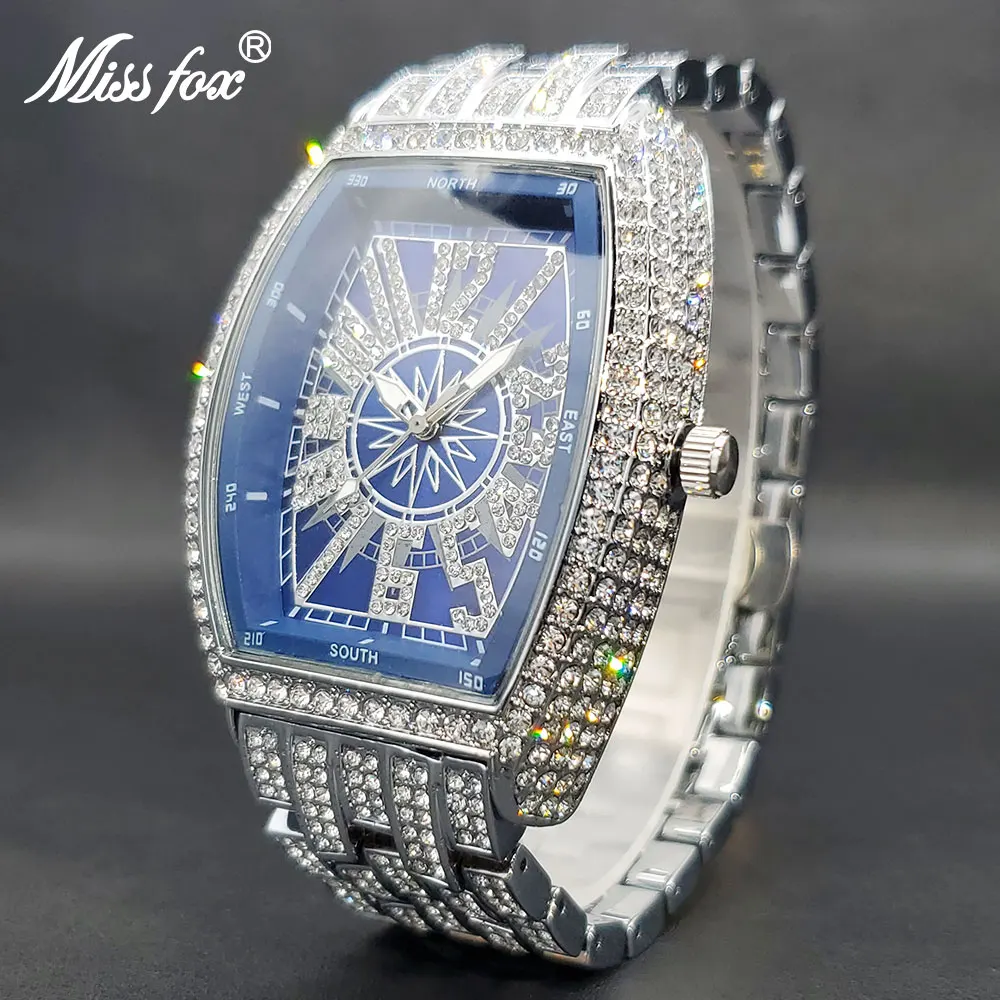 Iced Out Watch For Men Big Wrist Full Diamond Quartz Watches Men\'s 55mm Blue Face Hip Hop Accessories Waterproof Reloj Hombre