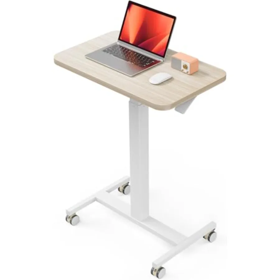 

Mobile Small Standing Desk for Home Office Classroom, Light Walnut Wood, Height-Adjustable Portable Laptop Workstation with 4 L