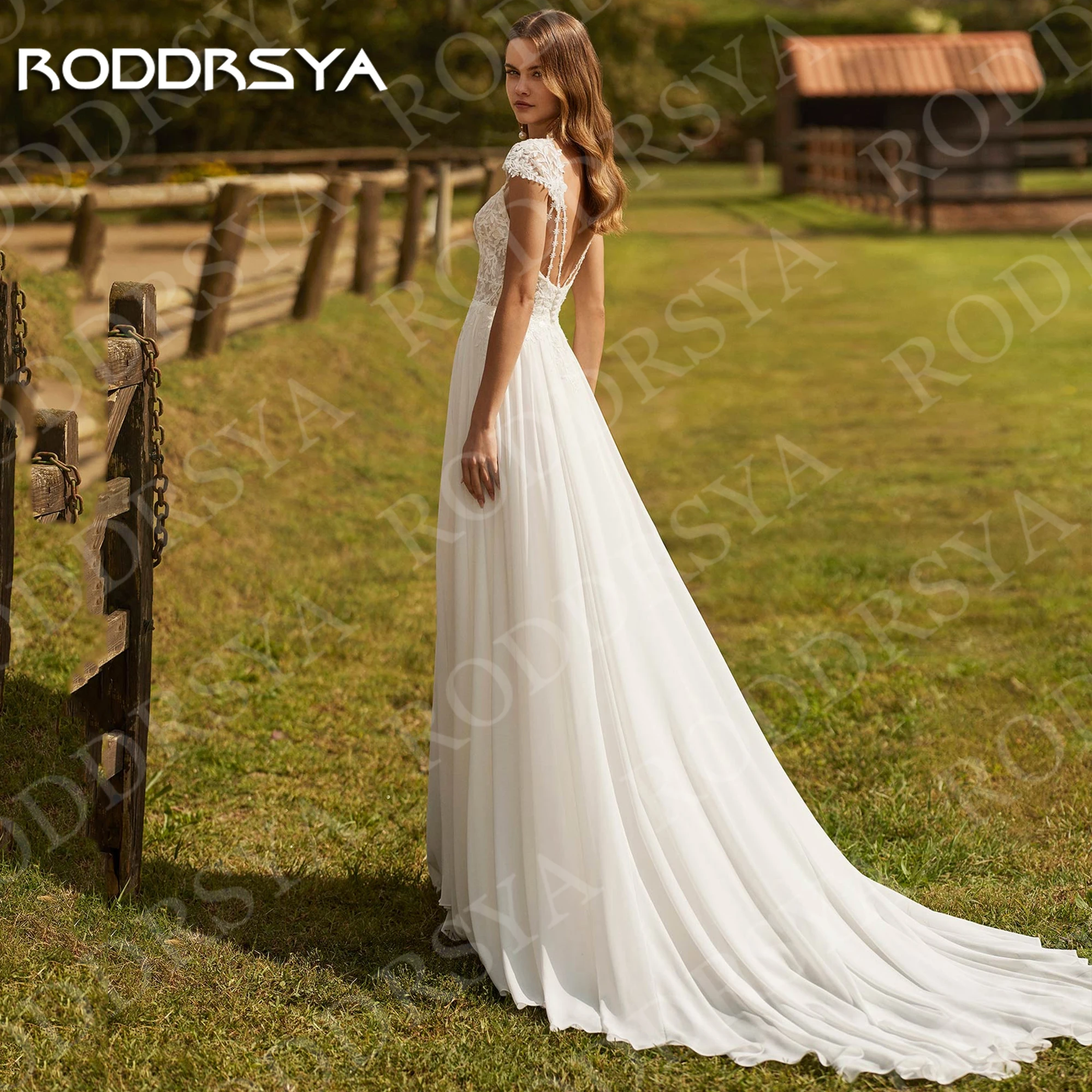 RODDRSYA Chiffon Wedding Dress 2026 Boho Square Neck Lace Appliques High Slit Bridal Dresses A Line Customized Open Back Beach