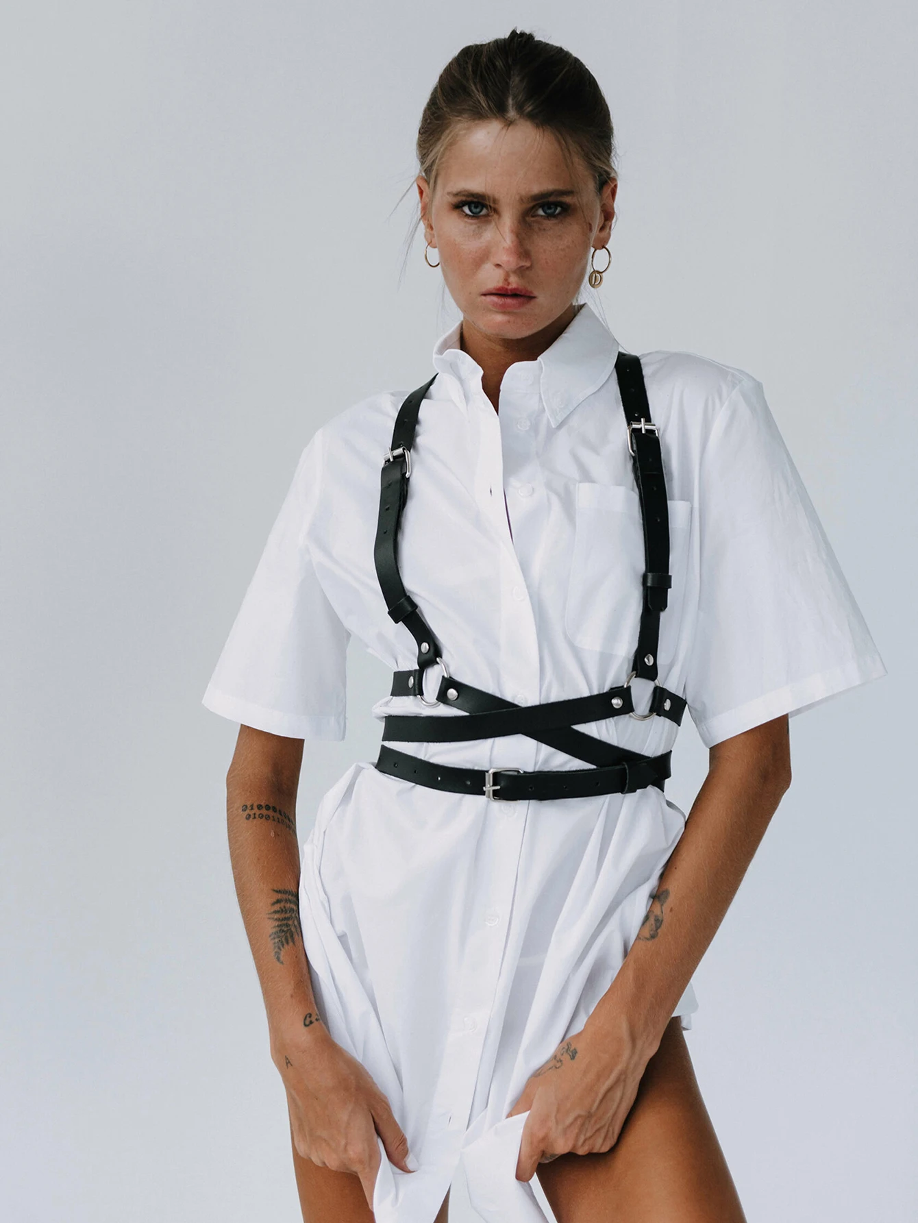 

Adjustable Black Leather Harness Bra - Women's Strappy Bodysuit Lingerie, Perfect for Gothic, Rave, and Club Outfits